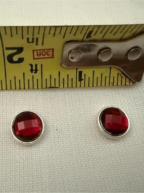 Red Faceted Round Stud Buttons in Silver-Tone Setting